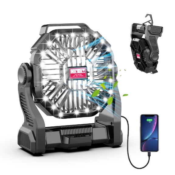 Portable Fan Rechargeable, 10000mAh Cordless Battery Powered Fan With LED Lantern, 180Rotation, USB C Battery Operated For Travel Camping Tent Office Beach Fishing Outdoor Black