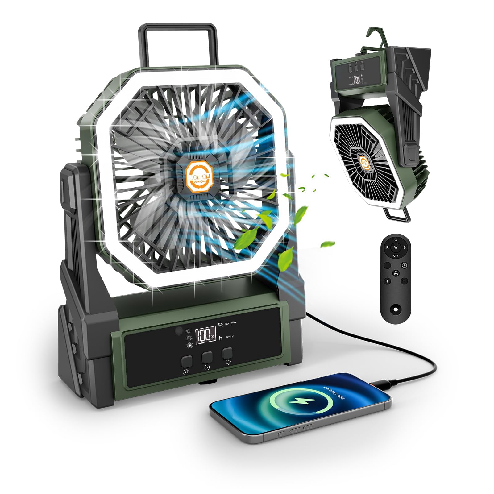 Portable Fan Rechargeable,20000mAh Cordless Battery Powered Fan with LED Lantern,180Rotation With remote control,USB C Battery Operated for Travel Camping Tent Office Beach Fishing Outdoor,GREEN