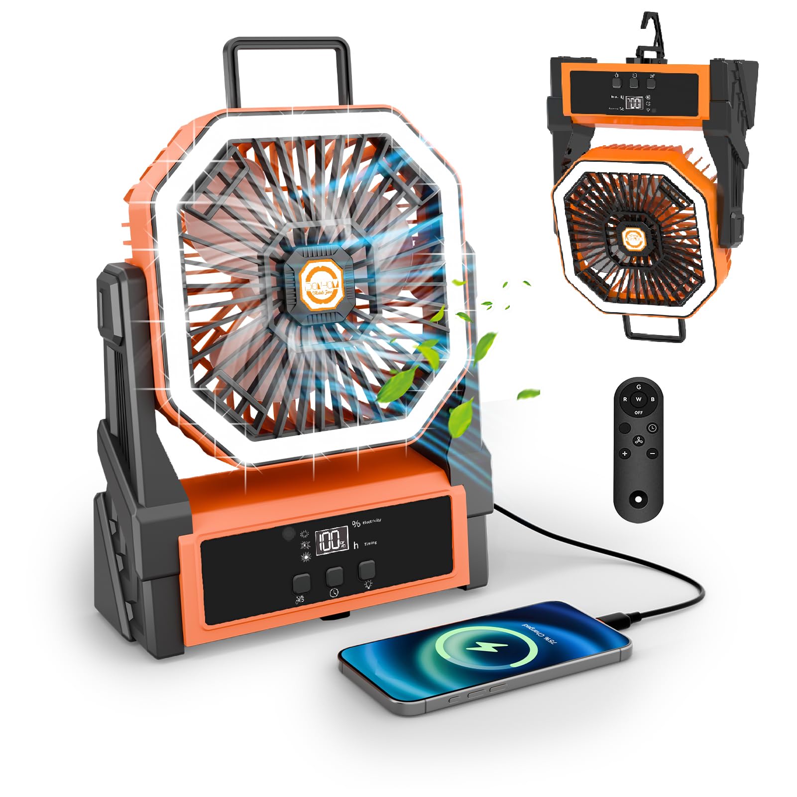 Portable Fan Rechargeable,20000mAh Cordless Battery Powered Fan with LED Lantern,180Rotation With remote control,USB C Battery Operated for Travel Camping Tent Office Beach Fishing Outdoor,ORANGE