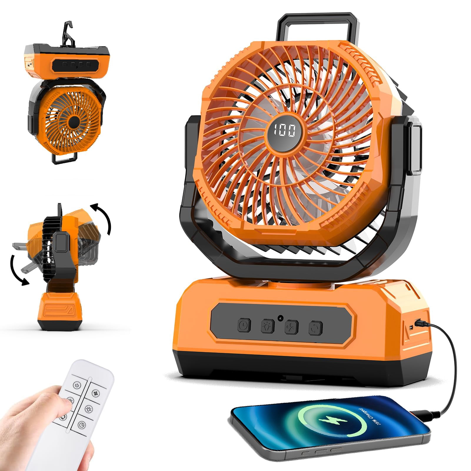 Portable Fan Rechargeable,20000mAh Cordless Battery Powered Fan with LED Lantern,270Rotation With remote control,USB C Battery Operated for Travel Camping Tent Office Beach Fishing Outdoor,ORANGE