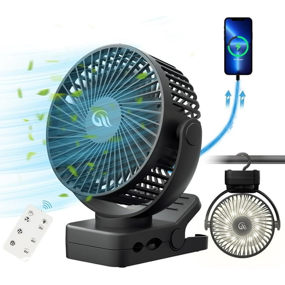 Portable Fan with Remote Control & Timer & LED Lights, 60hrs 12000mAh USB Rechargeable BatteryClamp/Hanging/Stand Up, Small Clip on Fan for Baby Stroller, Bed, Desk, Camping Tent, Travel