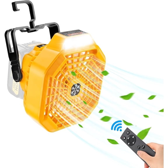 Portable Fan with Remote for De*walt™ 20v 60v Battery,Battery Operated Fan with 3 Energy Efficient Speed Settings and Dimmable Led Light for Camping,Emergency and Job Site(Tool Only)