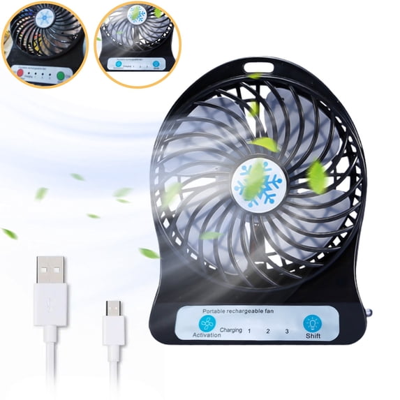 Portable Fan, Silent USB Desktop Fan with LED Light, Rechargeable Battery Powered 3-Speed Mini Fan for Office Bedroom Desk Outdoor Use, Black