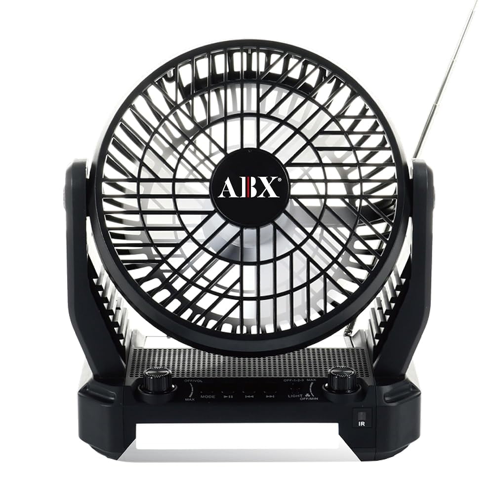Portable Fan, Speaker, Radio, Light W/Hook 3Speed Cooling, Solar