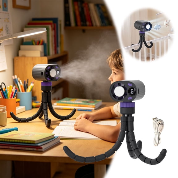 Portable Fan with Flexible Tripod, USB Rechargeable Misting Fan with Digital Display & 3 Speeds, Quiet Personal Cooling Fan for Car Seat & Desk