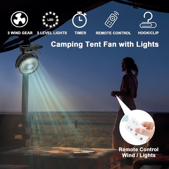 Portable Fan with Remote Control, Timer & LED Lights, 12000mAh Rechargeable for Stroller, Desk, Camping