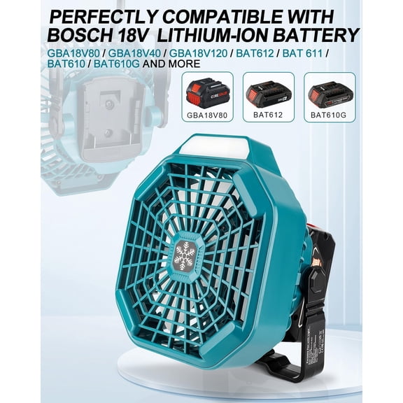 Portable Fan with Remote for Bosch 18v battery,Camping Fan with 3 Energy Efficient Speed Settings and Dimmable Led Light