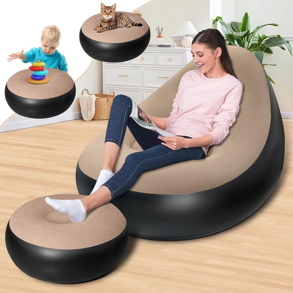 SAVALETOR Inflatable Deck Chair with Air Pump, Foldable Lounge Chair for Bedroom and Living Room, Indoor Lazy Sofa Bed with Footstool for Office, Travel, Camping Sleeping