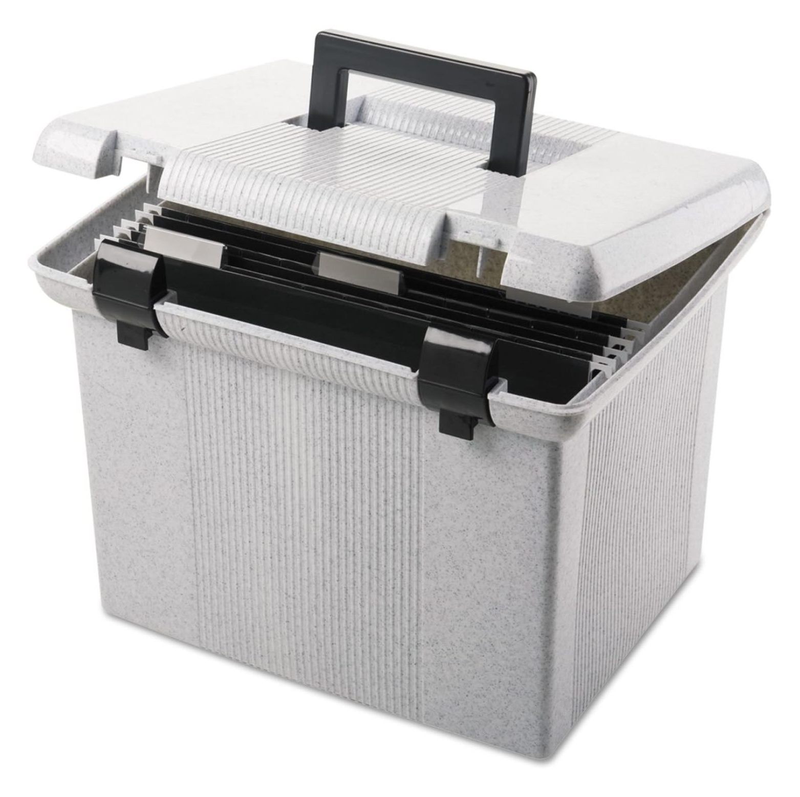 Portable File Box, 11x14x11.125", Granite - Letter Size Hanging Folder Storage - On-The-Go Document Organizer with Handle & 3 Hanging Folders 11"H x 14" W x 11 1/8" D
