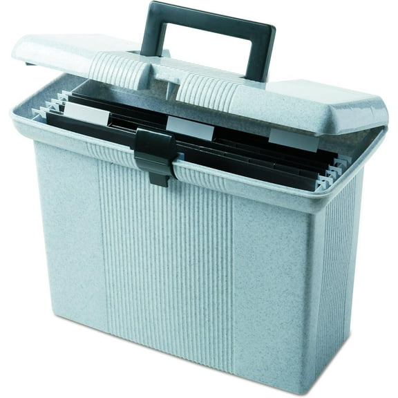 Portable File Box with File Rails, Simple Document Storage, File Bin for Home and Office, Hinged Lid with Double Latch Closure, Granite, 3 Hanging Folders Included, 11" x 14" x 6.5" (41737)