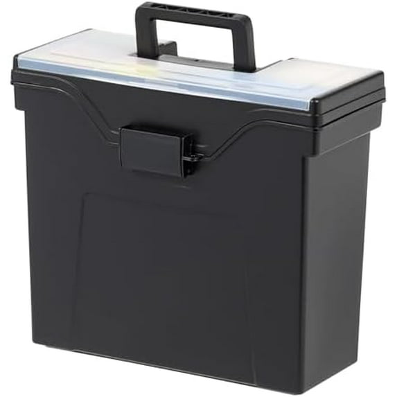Portable File Box With Handle, Slim w/Organizer Lid, Plastic File Organizer Box for Letter Files, Hanging Filing Folder Organizer, Lockable, Secure Buckle, Black