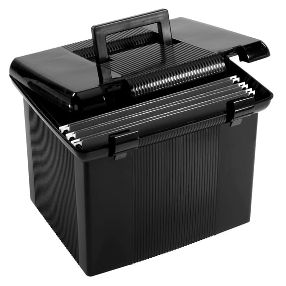 Portable File Box With Rails Simple Document Storage Bin For Home And Office Hinged Lid Double Latch Closure Black 3 Letter Size Hanging Folders Included (41742amz)