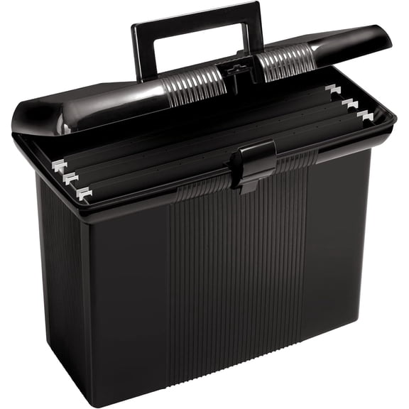 Portable File Box with File Rails, Hinged Lid with Double Latch Closure, Black, 3 Black Letter Size Hanging Folders Included (41732AMZ)
