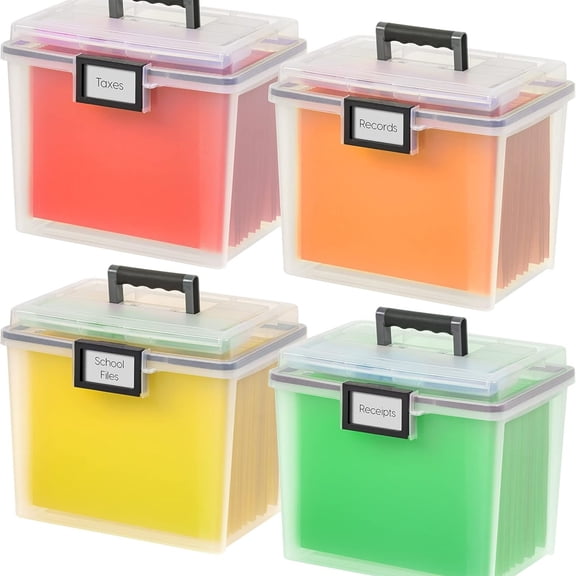 Portable File Organizer Plastic File Box for Letter File w/Organizer-Lid, Durable Lid and Gasket Seal, Secure Latching Buckles, Stackable, Lockable, Clear 19 Qt. 4 Pack