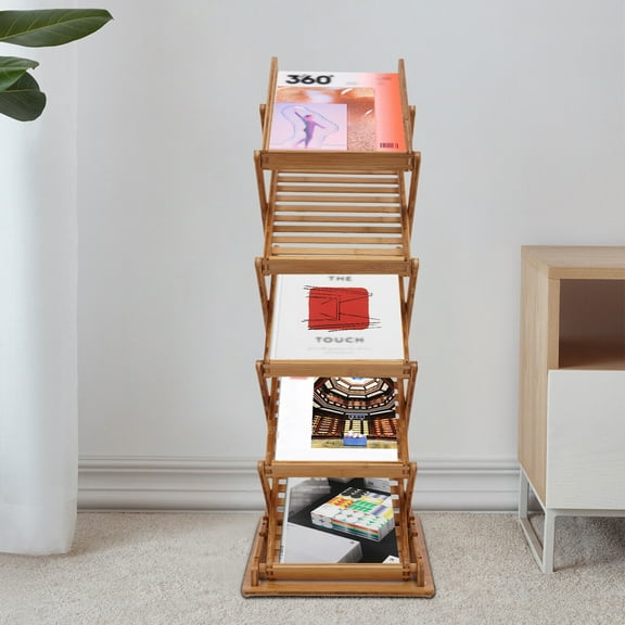 Portable File Shelf Foldable Pop-up MagazineRack Book Stands Natural Bamboo 5 Layers Foldable File Shelf Heavy Duty Pop-up MagazineRack Bamboo Book Stand