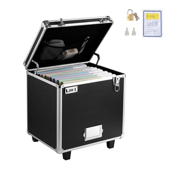 Portable File Storage Box with Lock & Wheels - 15.6x12.6x15 inch Internal Size, Mobile Filing Case with Retractable Handle for Office, Home, Hospital, Bank Documents