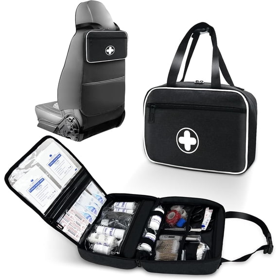 Portable First Aid Bag, Empty Emergency Trauma Kit with Reflective Strips, Multi-Compartment Medical Organizer for Travel, Camping, Car, Outdoor and Home, Bag ONLY (Black)