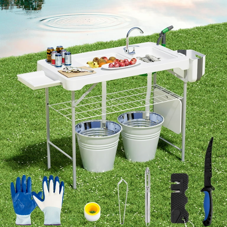 Portable Fish Cleaning Table with Deep Sinks Sprayer, Folding