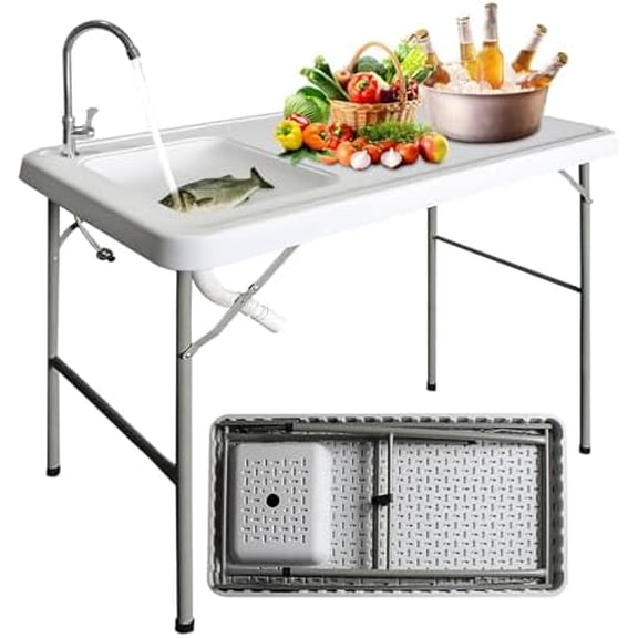 Portable Fish Cleaning Table with Sink  42.5" Folding Camping Sink Station, Heavy-Duty Outdoor Fillet Table w/ 360 Faucet, Drain Hose  for Fishing, Beach, Dock, Picnic, Patio (White)