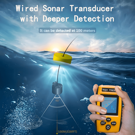 Portable Fish Finder With Sonar Sensor, Handheld Depth Finder For Kayak Ice Fishing LCD Display Water Depth Fish Finder 100m Range Backlight, IP68 Waterproof