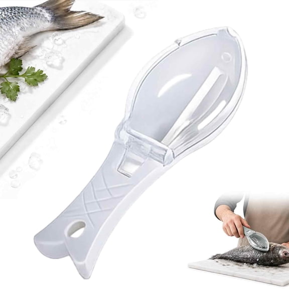 Portable Fish Scale Peeler, Manual Fish Scaler Remover with Collection Box and Protective Cover, Fast Descaler Scraper Tool for Kitchen Seafood Cleaning, Mess Contained Home Prep (White)