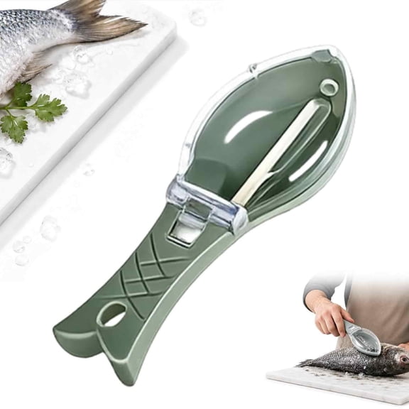 Portable Fish Scale Peeler, Manual Fish Scaler Remover with Collection Box and Protective Cover, Fast Descaler Scraper Tool for Kitchen Seafood Cleaning, Mess Contained Home Prep (White)