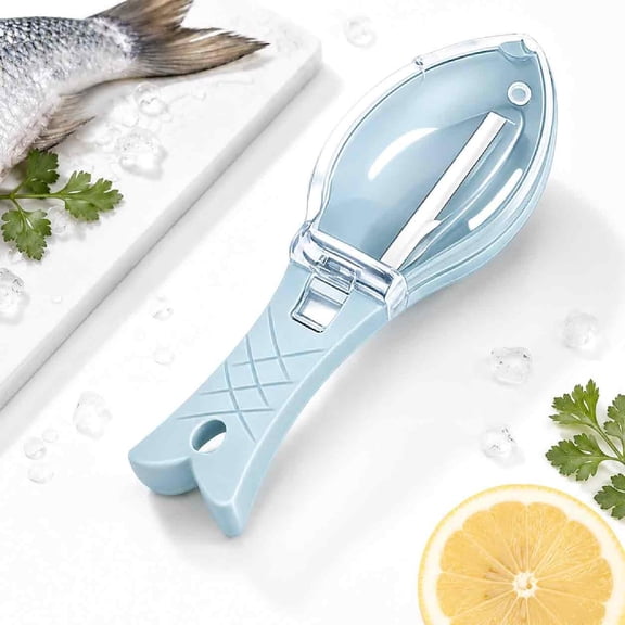Portable Fish Scale Peeler, Manual Fish Scaler Remover with Collection Box and Protective Cover, Fast Descaler Scraper Tool for Kitchen Seafood Cleaning, Mess Contained Home Prep