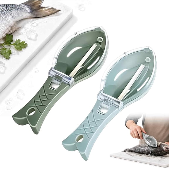 Portable Fish Scale Peeler, Manual Fish Scaler Remover with Collection Box and Protective Cover, Fast Descaler Scraper Tool for Kitchen Seafood Cleaning(RL Blue+Green)