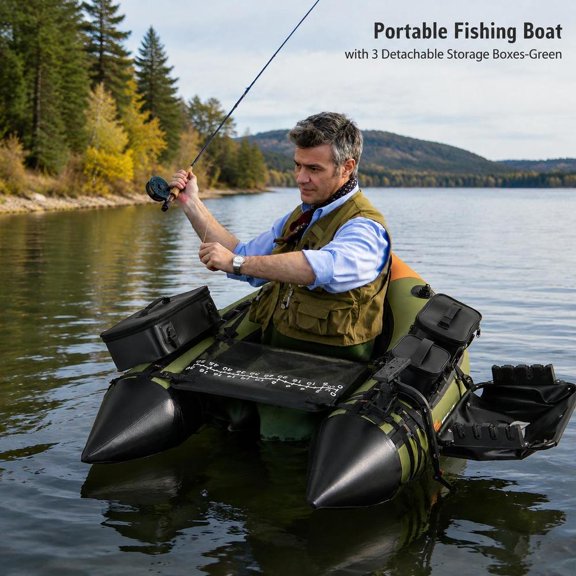 Portable Fishing Boat, with 3 Detachable Storage Boxes, 4 Rod Holders, Fish Finder Holder, Manual Pump, Green