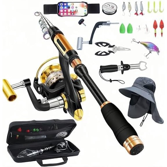 Portable Fishing Spinning Rod and Reel Combo Set Carbon Fiber Fluorescent Rod Tip, with Fishing Lures Line Carrier Bag Kits for Travel Surf (Black-1, 2.08M/82.5in/6.87ft)$$Sport & Recreation Other