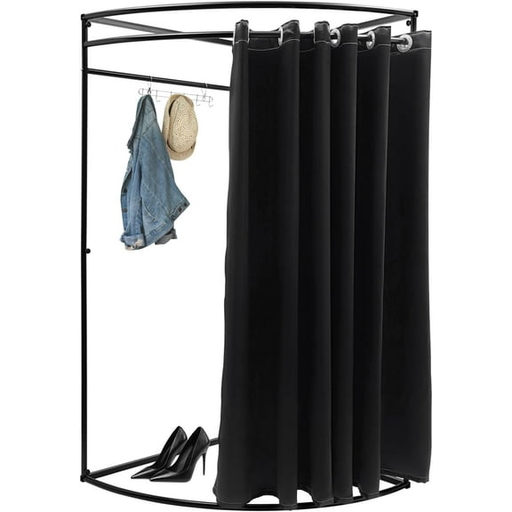 Portable Fitting Room, Simple Clothing Store Changing Room Privacy Protection Dressing Room with Hooks, 3.28 * 3.28 * 6.56ft, Fan-Shaped, Space Saving (Black)