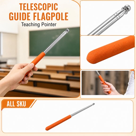 Portable Flag Pole Teacher Pointer Stick Stainless Steel Telescoping Flag Pole Extendable Hand Pointer for Classroom Guide Tours Orange 1 Pack
