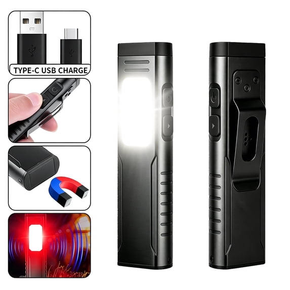 Portable Flat Pocket Flashlight, Slim Rechargeable EDC Flashlight with 7 Mode, Sound Beeper, IPX4 Waterproof, Small Magnetic Flashlight with Clip for Working Repairing Camping Outdoor, Black