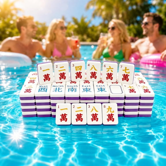 Portable Floating Mahjong Tile Set Waterproof Mahjong Tiles Pool Mahjong Set Travel Game with Storage Bag and Dice for Beach Pool Party Family