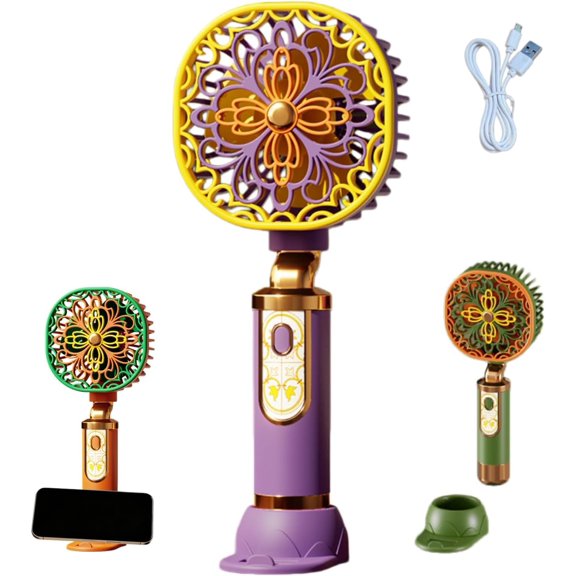 Portable Floral Mini Fan With Phone Stand, 3-Speed Rechargeable Handheld Desk Fan, Built-in Phone Stand Base for Travel, Makeup and Summer