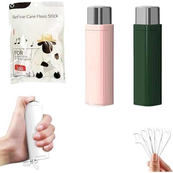 Portable Floss Dispenser with 100 Pcs Dental Floss, Automatic Refillable Floss Pick Box for Travel, Home & Daily Oral Care (Green + Pink, Standard)