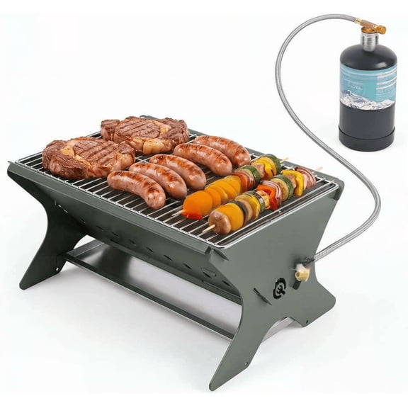 Portable Foldable 3-in-1 Charcoal Wood Gas Grill with Carry Bag Heavy-Duty Stainless Steel BBQ Fire Pit Size 17 Inch Army Green