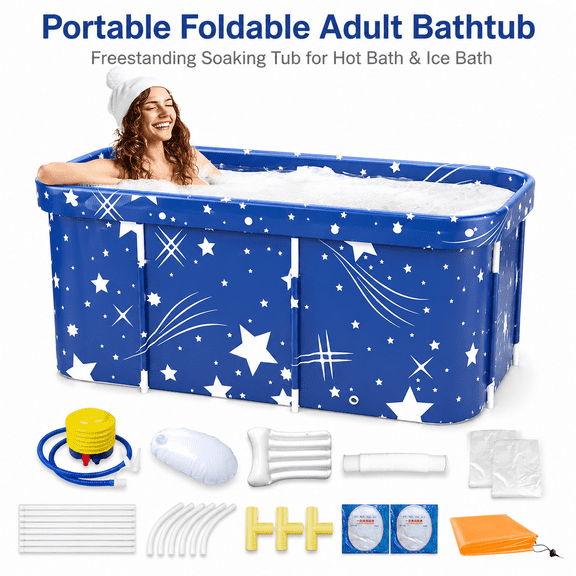 Portable Foldable Adult Bathtub with Support Frame, Drain System, Insulated Soaking Tub for Shower Stall and Ice Bath