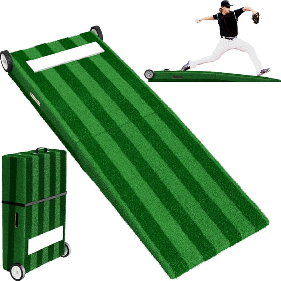 Portable Foldable Baseball Pitching Mound 80" x 28" x 6" with Pitching Stride Lines, Non-Slip Base, Wheels & Handle for Baseball Softball Practice