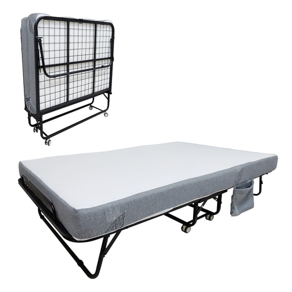 Portable Foldable Bed, 75" x 31" Folding Bed with 5" Memory Foam Mattress and Metal Frame for Adults, Roll Away Guest on Wheels, Side Storage Pocket, Space Saving, Easy Storage