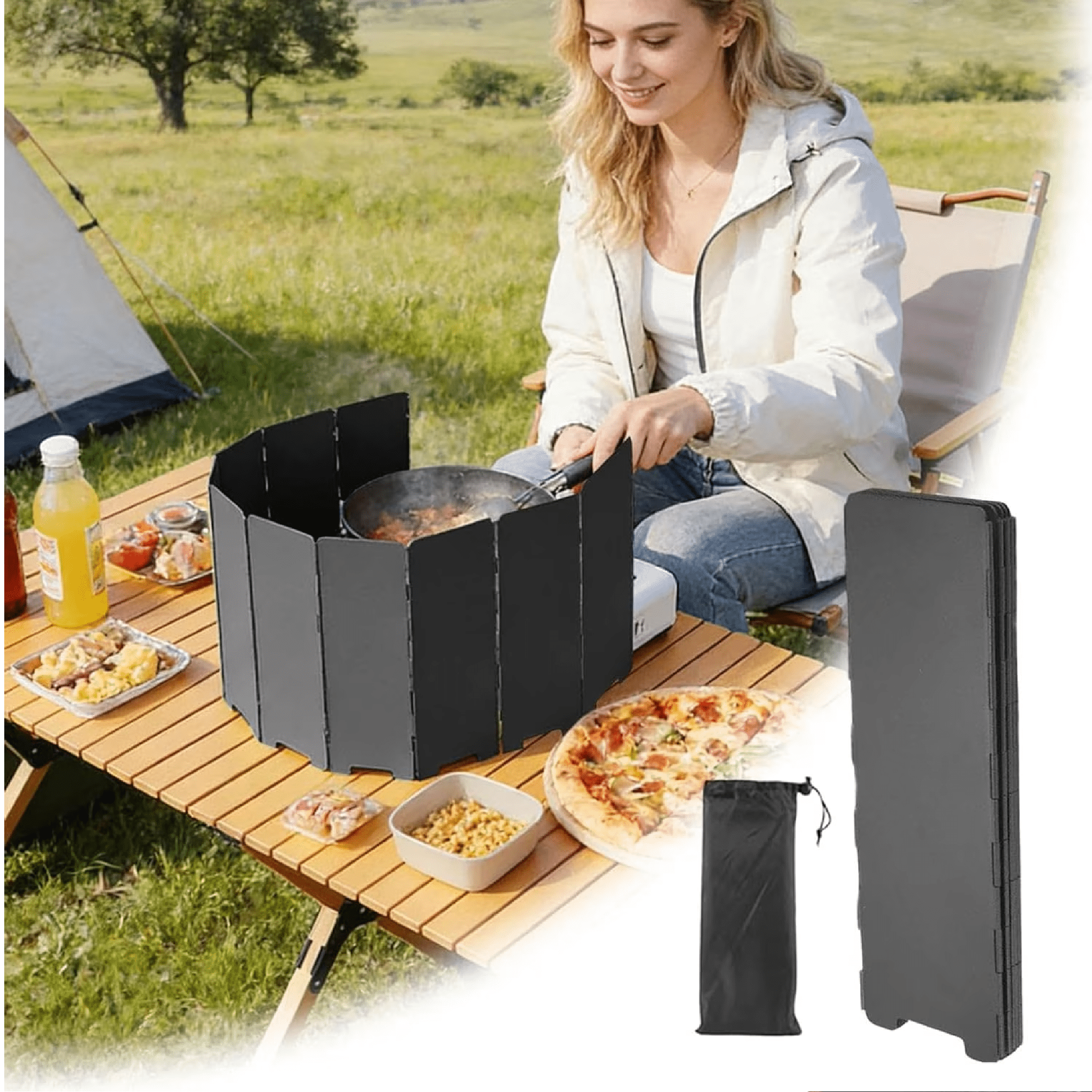 Portable Foldable Camp Stove Windscreen – 10-Plate Wind Guard for Camping, Hiking, Picnic, Includes Carrying Bag (RL Black 1 PC)