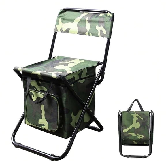 Portable Foldable Camping Chair With Storage Bag In Camouflage Pattern, Lightweight Backrest Stool For Outdoor Use