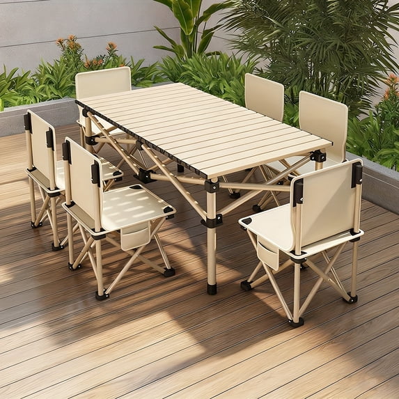 Portable Foldable Camping Table, 4-6 Person Metal Outdoor Picnic Table with Storage Bag, Adjustable Height, Lightweight, Suitable for Backyard, Beach, Picnics, BBQ, Indoor And Outdoor Use