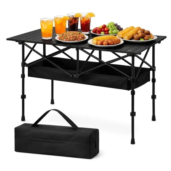 Portable Foldable Camping Table, Height Adjustable Aluminum Outdoor Picnic Desk with Under Table Storage Pocket, Includes Carry Bag for Beach, Fishing, Backyard