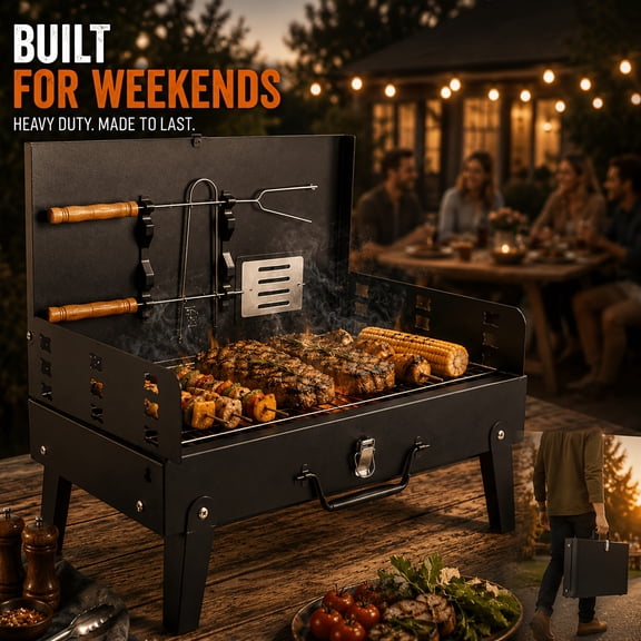 Portable Foldable Charcoal BBQ Grill with Windshield & Tools, Compact Camping Tabletop Grill for Picnic Backyard Beach, Practical Father's Day Gift for Men