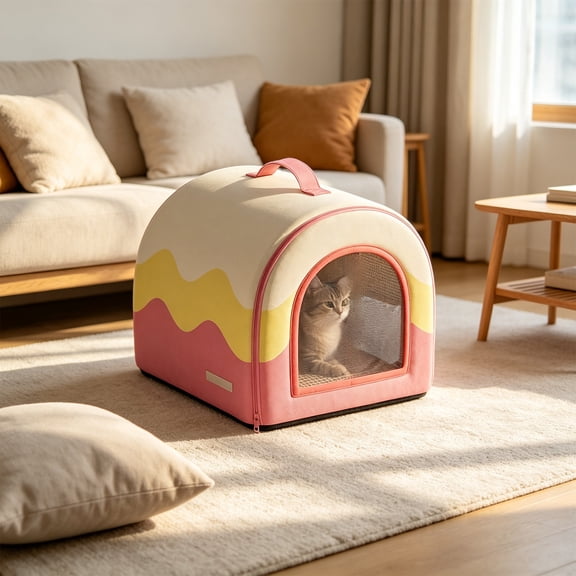 Portable Foldable Cooling Cat Igloo Bed Enclosed Summer Chill Cave with Ice Pack for Cats Small Dogs All Season Indoor Outdoor Insulated