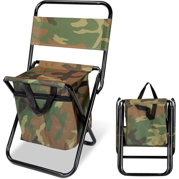 Portable Foldable Fishing Chair with Cooler Bag, Lightweight Folding Camping Chair, Outdoor Backrest Stool for Camping Hunting Fishing HikingCamouflage