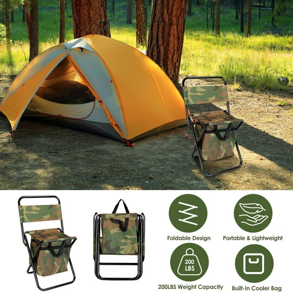 Portable Foldable Fishing Chair w/ Backrest Cooler Bag  Outdoor Lightweight Fishing Stool