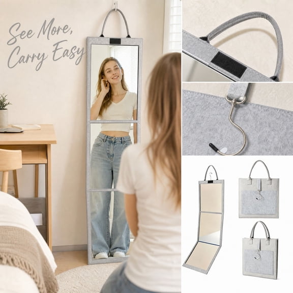 Portable Foldable Full Length Mirror with Protective Storage Bag, 12x42.5 inch Hand-Carry Mirror for Dorm Room, Travel, and Wall Hanging Decor Needs