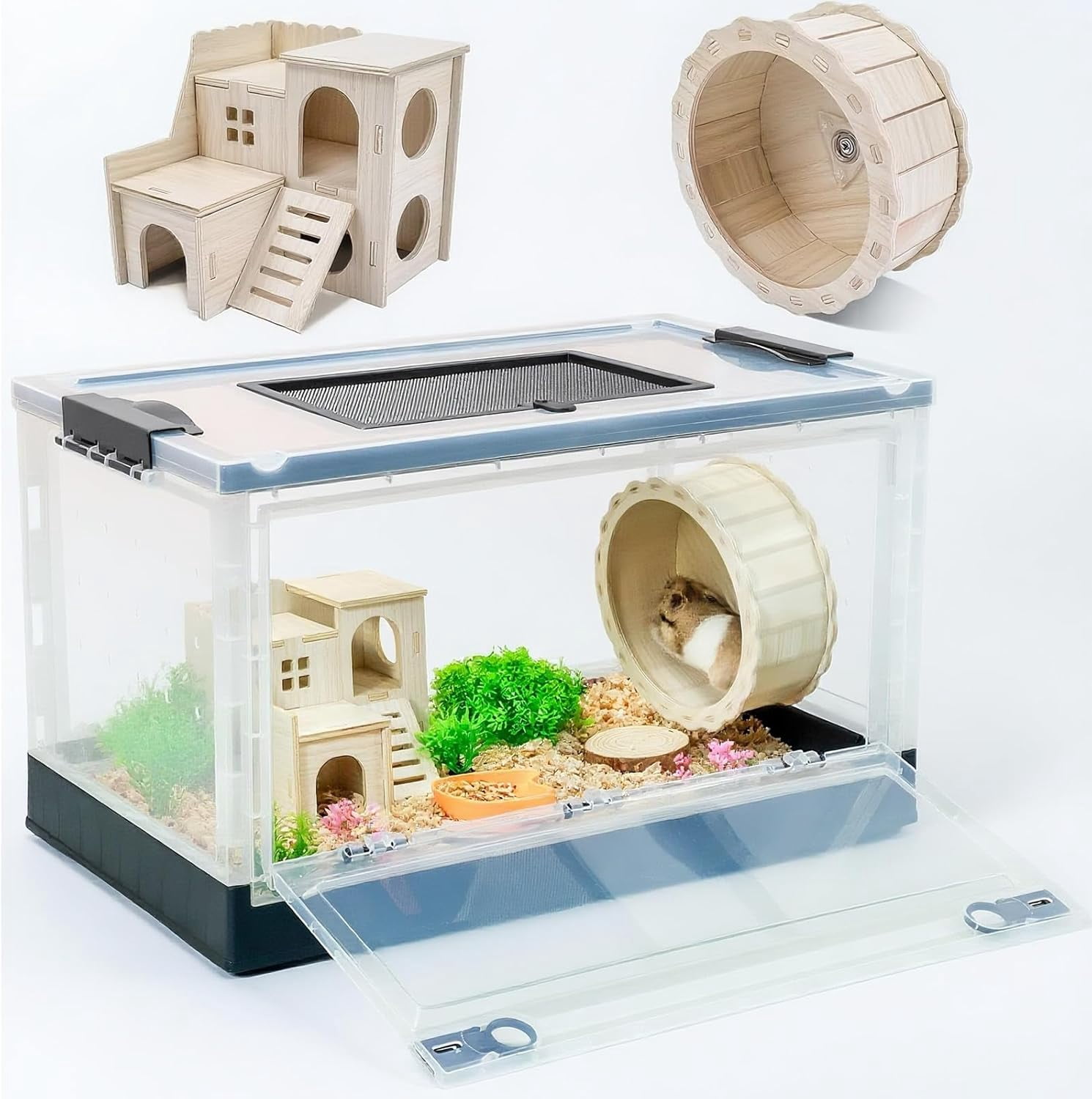 Portable Foldable Hamster Cage with Wheel, Castle Habitat, and Exercise Wheel, Easy to Move and Store for Guinea Pigs, Rats, and Other Small Animals (Blue)
